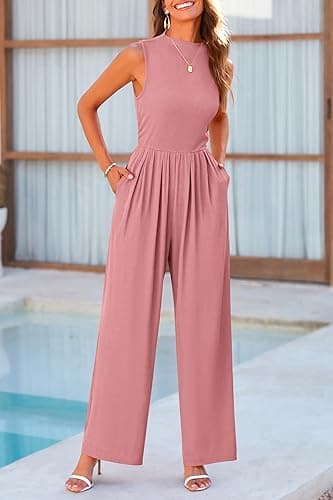 PRETTYGARDEN Womens Summer Jumpsuits Dressy Casual One Piece Outfits Sleeveless Mock Neck Wide Leg Pants Rompers with Pockets - Small - Dusty Pink thumbnail 6