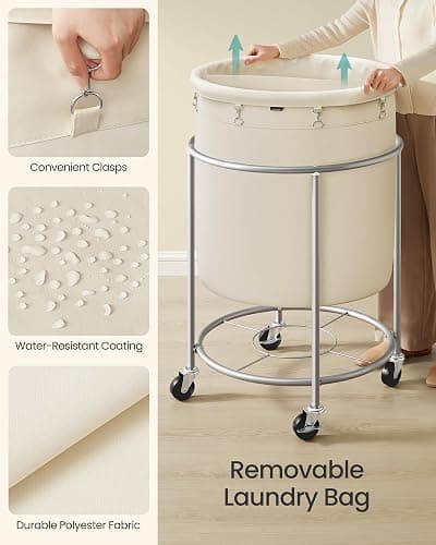 SONGMICS 63.5-Gallon (240 L) Laundry Basket with Wheels, Rolling Round Heavy-Duty Laundry Hamper Cart with Steel Frame and Removable Bag, 2 Locking Wheels, Cream White and Metallic Silver URLS012W01 thumbnail 5