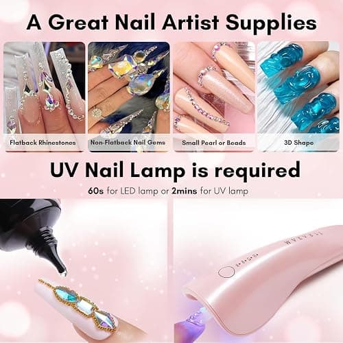 Makartt Nail Rhinestone Glue for Nails- 60ML Super Strong Gel Glue for Rhinestones, 3D Art Charm Decorations Bling Gem Bow Jewels Crystals Beads Diamonds Pearls, Beauty Gift, UV Lamp Need thumbnail 8