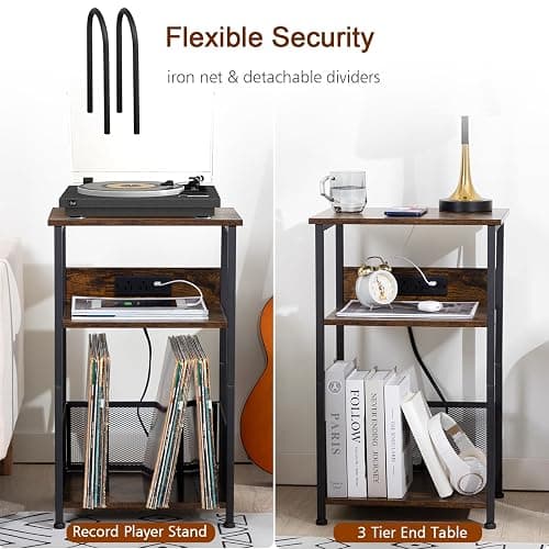 AMHANCIBLE Record Player Stand with Charging Station, Turntable Stand with Storage Cabinet, 3 Tier End Table Hold Up to 200 Albums, Record Stand for Vinyl, Living Room, Rustic Brown, HETCD01BR-1 - Brown - W 15.75" x D 11.41" thumbnail 6