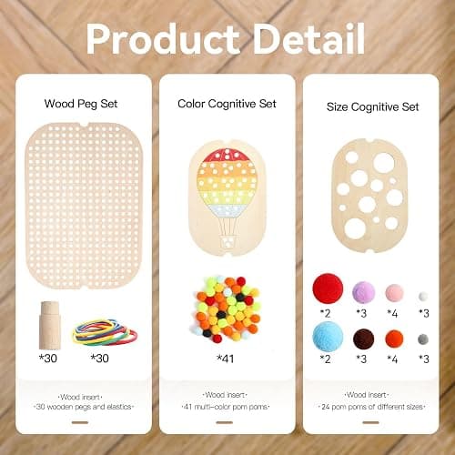 IEATFO 3-Pack Wooden Sensory Boards - Sensory Table Large and Small Storage Box Inserts - Pegboard, Size & Color Cognitive Boards - Accessories Include Wooden Pegs, Elastics, Pompoms thumbnail 4
