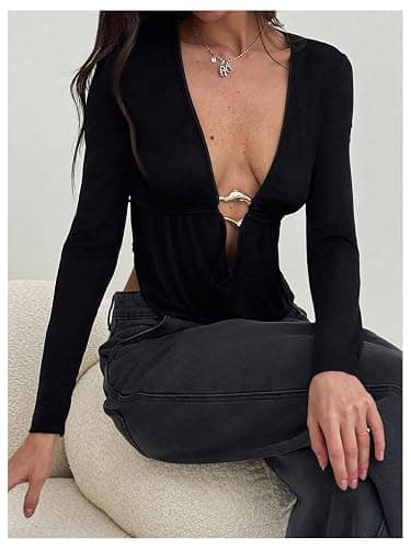 SOLY HUX Women's Deep V Neck T Shirt Long Sleeve Metal Decor Draped Front Ruched Asymmetrical Tops thumbnail 5