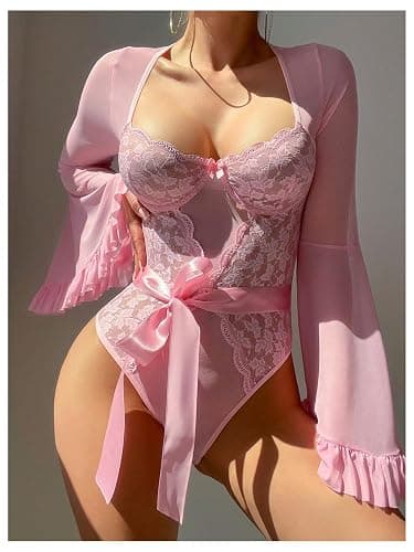 SHENHE Women's Lace Lingerie Sheer Mesh Bell Long Sleeve Low Cut Underwire Teddy Bodysuit thumbnail 4