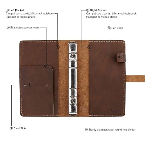 Genuine Leather Journal Writing Notebook, A6 Ring Binder Refillable Diary Notepads, Vintage Handmade Travel Organizer Agenda for Men Women - Brown thumbnail 5