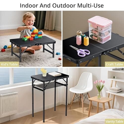 Anbte 2ft Folding Camping Table Max 29.5", 3 Adjustable Height Aluminum Small Folding Table with Storage Net & Portable Handle, Lightweight, for Travel Outdoor Beach Picnic Camp, 23.2" x 16", Black thumbnail 7
