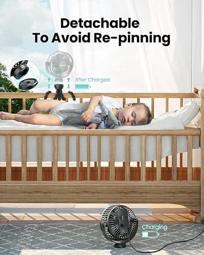 Gaiatop Mini Portable Stroller Fan, Battery Operated Small Clip on, Detachable 3 Speed Rechargeable, 360° Rotate Flexible Tripod Better Cooling for Car Seat Crib Treadmill Travel Black thumbnail 5