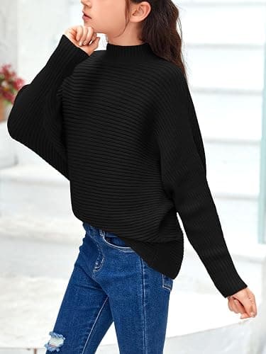 Mafulus Girl's Oversized Crewneck Fall Sweaters Kids Batwing Long Sleeve Slouchy Chunky Cute Pullover Jumper Shirts 5-14T thumbnail 3