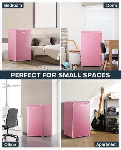 Upstreman 3.2 Cu.Ft Mini Fridge with Freezer, Single Door Mini Fridge, Dorm Fridge, Adjustable Thermostat, Mini Refrigerator for Bedroom, Office, Dorm, Pink-BR321 thumbnail 5
