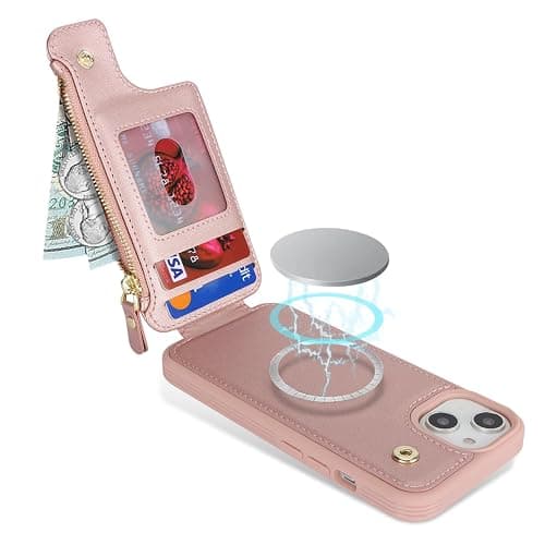 SailorTech iPhone 15 Etui mit Kartenhalter mag Safe, iPhone 15 Hülle mit Reißverschluss Kartenfach Geldbörse für iPhone 15 Handyhülle Lederhülle - Roségold thumbnail 5