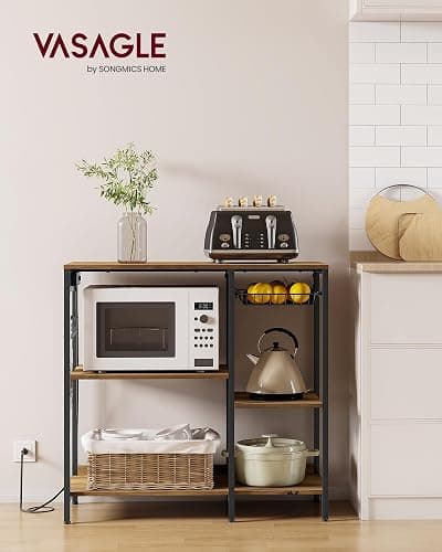 VASAGLE Baker's Rack, Coffee Bar Stand with Charging Station, 35.6 Inches Tall, Storage Shelves, Pull-Out Wire Basket, Table for Microwave, Kitchen, Honey Brown and Ink Black UKKS036K41 thumbnail 2