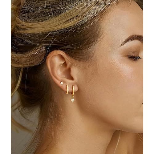 Gold Stud Hoop Earrings Stacks for Women - 3 Earring Sets for 3 Holes Multiple Piercing Dainty Gold Plated Small Earrings Set Jewelry Gifts for Women thumbnail 3