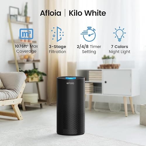 Afloia Air Purifiers for Home Large Room Up to 1076 Ft², 3-Stage Filter Air Purifier for Bedroom 22 dB, Air Purifiers for Pets Dust Dander Mold Pollen Odor Smoke, Kilo White, 7 Colors Light thumbnail 2