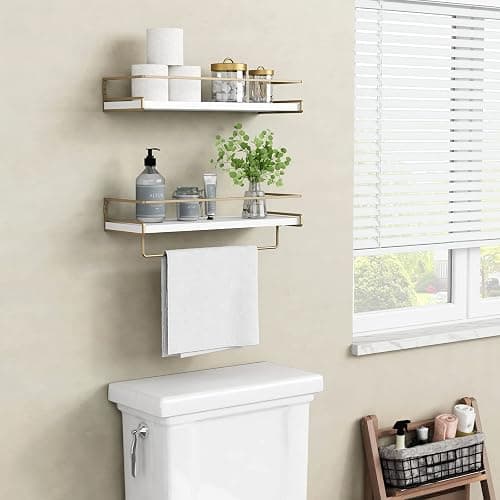 Forbena Floating Bathroom Shelves Wall Mounted, Aesthetic White and Gold Shelves for Bathroom Accessories, Modern Bathroom Organizer with Tower Bar for Wall Decor Storage Small Spaces, Set of 2 thumbnail 4