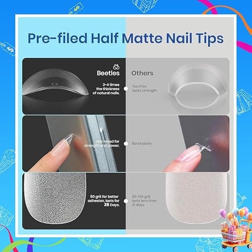 Beetles Gel Nail Kit Etch-X, Almond Short, 504pcs 12 Sizes Nail tips, with 9 in 1 Nail Glue Mini LED Light, Acrylic Half Matte Tips Press On Nail, Extension DIY Set at Home, Gift for Women & Girls thumbnail 4