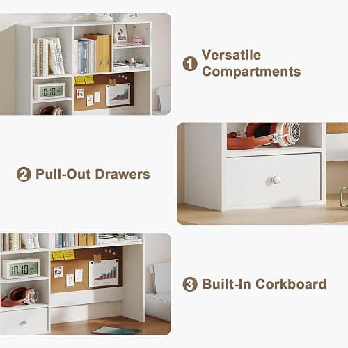 ELUREVIA White Desk Hutch with Cork Board for Photos and Reminders, Dorm Desk Hutch with Drawers and Shelves, Desktop Bookshelf for College Dorm, Student Bedroom, Compact Study Spaces thumbnail 5