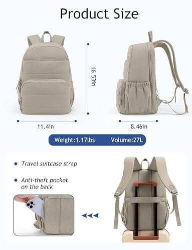 Uselike Travel Backpack for Women, 15.6 Inch Laptop Backpack, Quilted College Bookbag, Cute Work Backpacks, Water Resistant (Khaki Ash) thumbnail 4