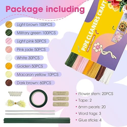 900 pcs Pipe Cleaners Craft, 4 Assorted Colors Pipe Cleaners Bulk, for DIY Tulip or Lily Basket Kit with Floral Wires, Gardening Tape, Pearls thumbnail 2