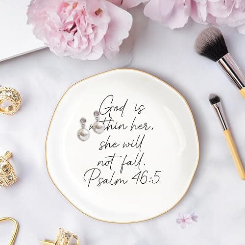 MQPPKJ Christian Gifts for Women, Bible Verse Ceramic Jewelry Dish Trinket Ring Tray, Inspirational Floral Gift for Mom Sister Friend Birthday Christmas-God is within Her Psalm 46: 5 (White-46:5) thumbnail 2