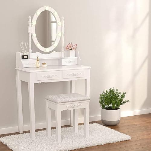Alohappy Girls Makeup Vanity Set, Dressing Table Desk with Lighted Mirror and Stool, Makeup Table with 4 Drawers for Bedroom, Bathroom (Vanity with Lighted Mirror) thumbnail 2