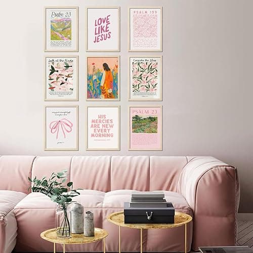 9pcs Christian Wall Art Bundle in Pink Bible Verse Paintings Pictures Wall decor Jesus Poster Printing Artworkfor Girls Room Christian Housewarming Gift Fashionable college style Home Decoration thumbnail 6