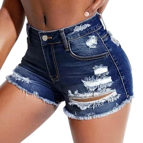 Tunlaud Women's Stretch Ripped Denim Shorts Mid Waist Casual Frayed Raw Hem Distressed Jean Shorts thumbnail 2