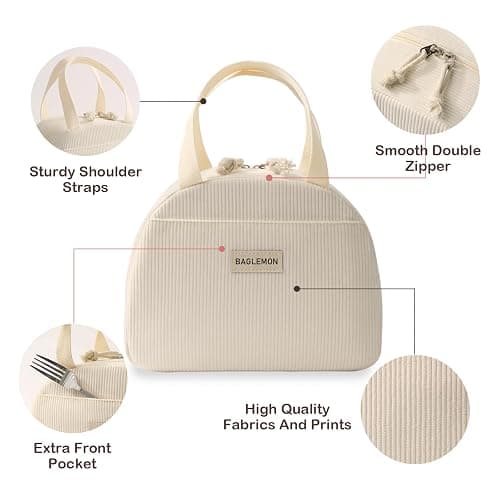 Baglemon Lunch Bag for Women Men Cute Corduroy Lunch Tote Bags Reusable Insulated Lunch Box Large Capacity Reusable Insulated Cooler for Work/Picnic/Travel (Corduroy Beige) - Corduroy Beige thumbnail 3