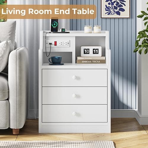 ADORNEVE Nightstand with Charging Station,White Night Stand with Hutch,Bedside Table with Drawers,Bed Side Table with Storage thumbnail 5
