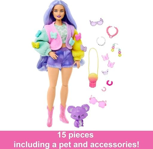 Barbie Extra Doll & Accessories with Wavy Lavender Hair in Colorful Butterfly Sweater & Pink Boots with Pet Koala thumbnail 4