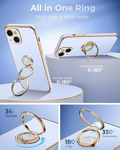 XYZ for iPhone 15 Case with Stand, Phone Case with Double Ring Kickstand, Women Girls Bling Luxury Protective Case Heart for iPhone 15, Blue thumbnail 4