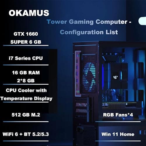 OKAMUS Gaming PC, i7 CPU, GTX 1660 Super 6GB Graphics, 512 GB M.2, 16 GB RAM Pre-Built Computer, RGB Fans x 4, Win 11 Home，WiFi 6 + 5.2/5.3, 550W PSU (i7+GTX 1660S+512GB+16GB) thumbnail 3