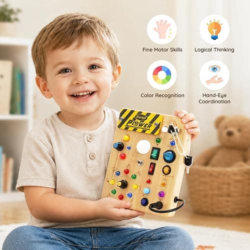 Joyreal Busy Board for Toddlers - Montessori Toys for 1 2 3 Year Old | Wooden Sensory Activity Board with 10 Switches & 19 Lights, Ideal Educational Travel Toy Gift for Boy & Girl Birthday thumbnail 5
