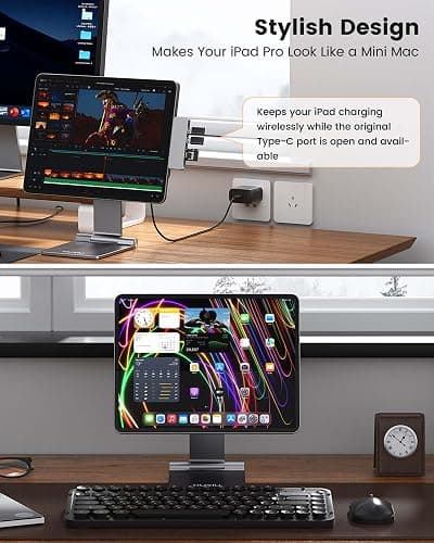 KU XIU [Upgrade] Magnetic Wireless Charging Stand for Pad Pro 12.9 (3rd/4th/5th/6th) & iPad Air 13 (M2/M3) ONLY, Foldable Aluminum Alloy Tablet Holder for Desk, Adjustable Desk Mount with 1M Cable thumbnail 4