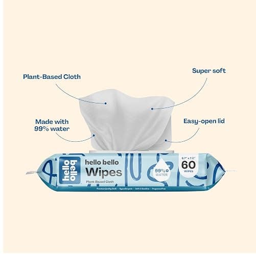 Hello Bello Extra Gentle Unscented Baby Wipes, Plant Based, Made with 99% Water and Aloe for Babies and Kids, 60 Count (Pack of 9) Total 540 Count thumbnail 2