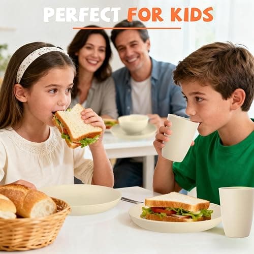 Perlapoc Kitchen Wheat Straw Dinnerware Sets for 4, Unbreakable Kids Dish Set 20 PCS - Dinner Plate/Cereal Bowl/Cup/Fork/Spoon, for Outdoor Camping, RV, Apartment Essentials - Beige thumbnail 2