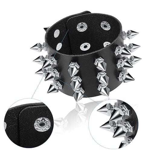 Hicarer 6 Pcs Spiked Studded Bracelets Punk Leather Rivets Bracelet Cuff for Men Women Halloween Accessories - Classic Style thumbnail 4