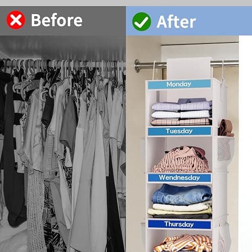 Fixwal 2 Pack 6-Shelf Weekly Hanging Closet Organizer for Kids, Kids Daily Clothes Organizers with 6 Side Pockets, Days of The Week Hanging Storage Shelves (White) - White thumbnail 7