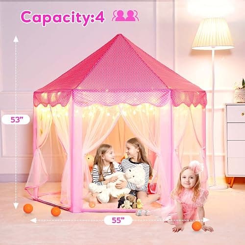 Princess Castle Tent with Rug for Girls Fairy Play Tents for Kids Hexagon Playhouse with Fairy Star Lights Toys for Children or Toddlers Indoor Games (Pink Princess Tent with Rug) thumbnail 2