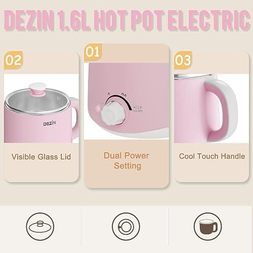 Dezin Hot Pot Electric, Rapid Noodles Cooker, Stainless Steel Electric Pot 1.6 Liter, Perfect for Ramen, Egg, Pasta, Dumpling, Soup, Porridge, Oatmeal with Temperature Control and Keep Warm Function thumbnail 3
