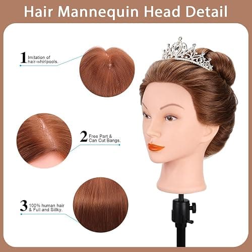 Mannequin Head with 100% Human Hair, TopDirect Real Hair Cosmetology Mannequin Head Hair Styling Hairdressing Practice Training Doll Head with Clamp Holder and Tools (Dark Brown) thumbnail 8