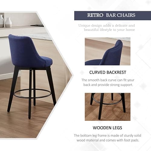 Virabit Swivel Bar Stools Set of 4, Linen Counter Height Bar Stool with Back, Upholstered Bar Stools for Kitchen Island, Dining, Cafe, Pub (Navy Blue) - Set of 4 - Blue thumbnail 4