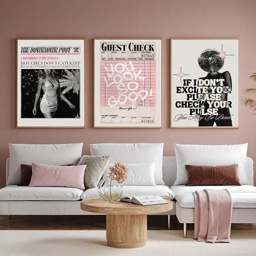 Vintage Pink Canvas Wall Art Set of 3 Funky Hot Girl Pictures You Look So Good Poster Preppy Trendy Paintings Home Wall Decor Aesthetic Disco Ball Bar Cart Prints for Apartment Dorm (12x16in) Unframed thumbnail 2