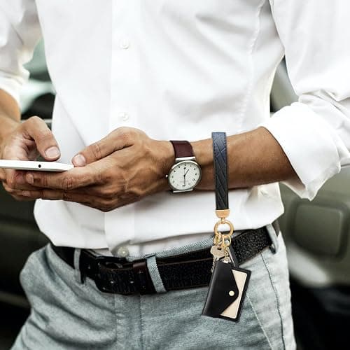 OHKYOOT Leather Wristlet Keychain,Wrist Keychain Car Key Chain with 3 Key Rings,D Ring and Slim Wallet thumbnail 4