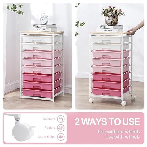Rolling Cart with Drawers,Storage Cart with 8 Drawers and Wooden Tabletop,Utility Cart for Living Room,Classroom, Bedroom,Bathroom,Dorm,Office,Rose Pink thumbnail 5