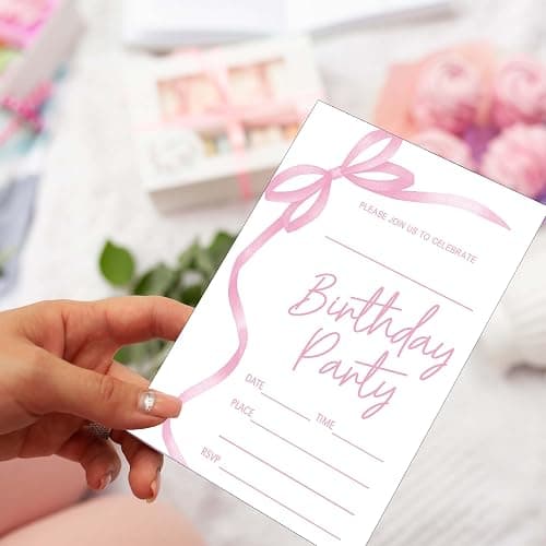 SIXEIGHT Pink Bow Birthday Invitations, Pink Ribbon Bow Birthday Party Invitations, 20 Party Invitations with Envelopes for Girls Boys, Birthday Party Favor & Decoration (4"x6")-A04 thumbnail 2