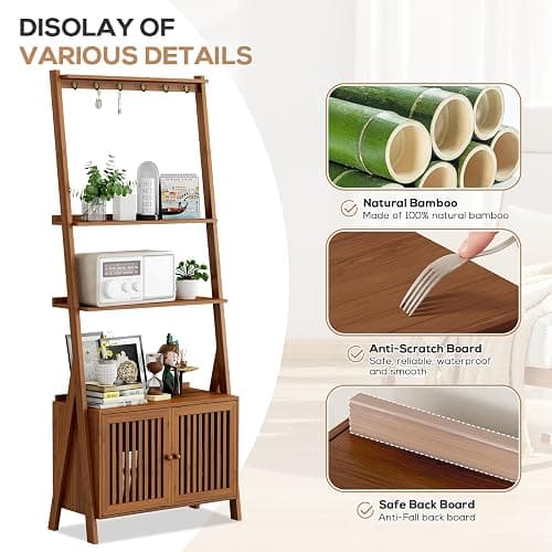 Bookcase with Drawers, 4-Tier Bamboo Bookshelf Ladder Shelf with 6 Hooks, Tall Narrow Retro Book Shelf, 24.8"L x 10.6"W x 59.5"H, Standing Storage Organizer for Living Room, Office, Bedroom, Walnut thumbnail 3