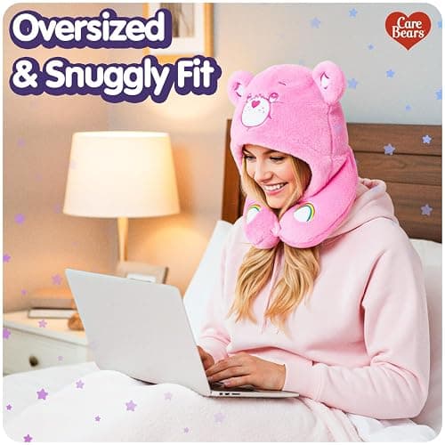 Care Bears - Cheer Bear Snuggle Hood, Travel Pillow with Hood, Soft Plush Neck Support, Lightweight, Comfortable and Breathable, Airplane, Care and Train Travel - Pink thumbnail 4