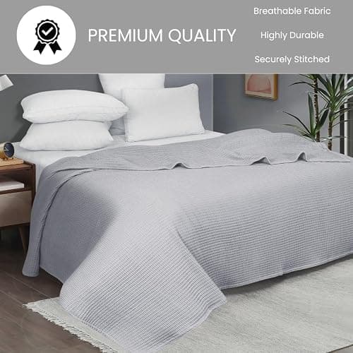 DESTIN HOME Waffle Blanket Prewashed 100% Combed Cotton - Soft Breathable Lightweight All-Season Blanket, Perfect for Bed, Couch, or Layering - Cozy 90x90 Inch Queen Thermal Throw Blanket Light Grey - Light Grey - Queen (90" x 90") thumbnail 6