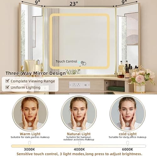 Lerliuo Corner Vanity Desk with 3 Way Mirror and Lights, 46'' Rattan Makeup Vanity with Glass Top Drawer, Boho White Make Up Storage Cabinets with Charger for Bedroom thumbnail 3