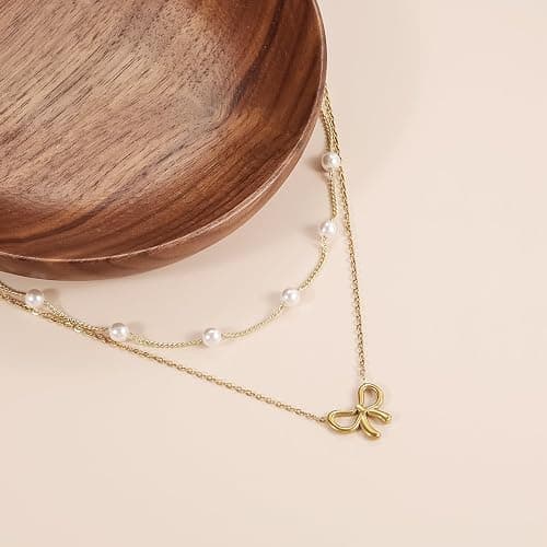 Qitian 18K Gold Plated Satellite Pearl & Bow Pendant Necklace for Women, Adjustable Layered Choker Chain Jewelry, Mini Gold Pearl Necklace Gift thumbnail 3
