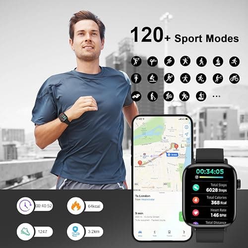 PJYUBVOR Smart Watch, 1.90" Smartwatch for Men Women (Answer/Make Calls), Fitness Tracker with 120+ Sport Modes, Heart Rate/Sleep Monitor, IP68 Waterproof Smart Watch for Android/iOS Phones - Black thumbnail 5